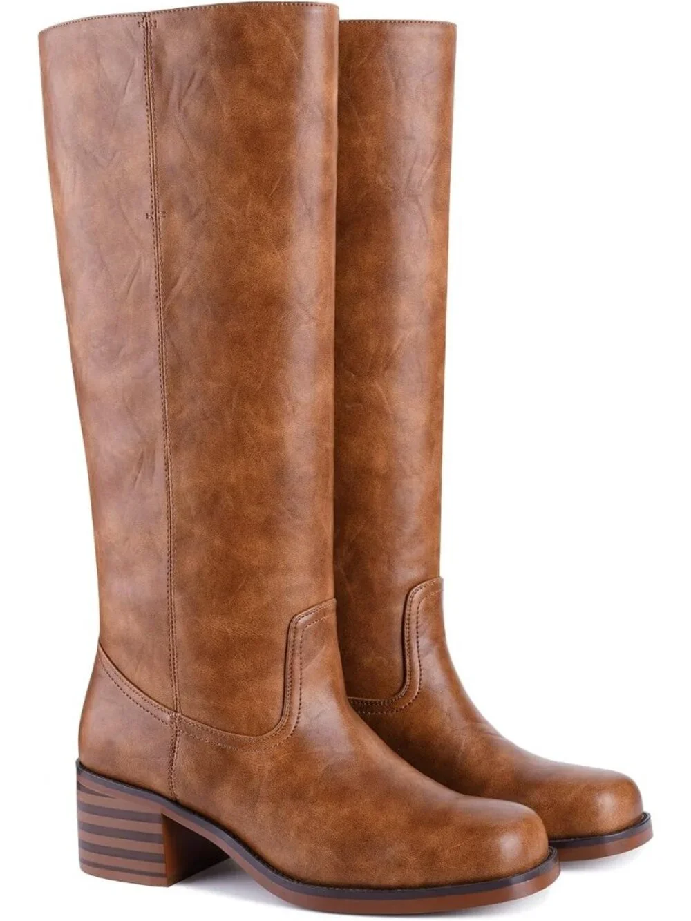 Women's Brown Chunky Block Heel Square Toe Going Out Knee High Riding Boots